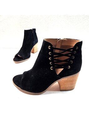 Sole Society Peep Toe Boots Suede Black Boho Western Block Heel Ankle Boots 7.5